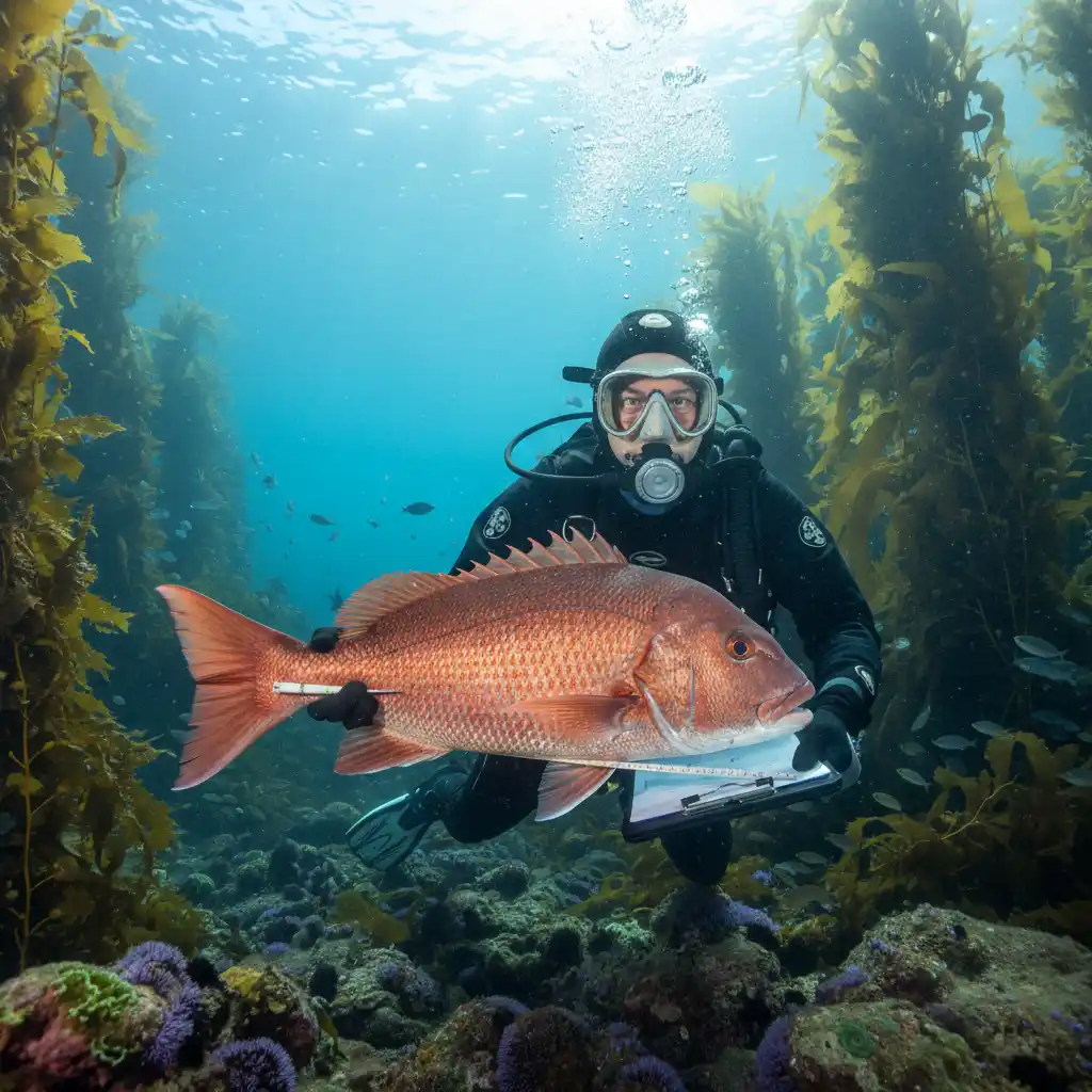 Researcher studying snapper behavior underwater