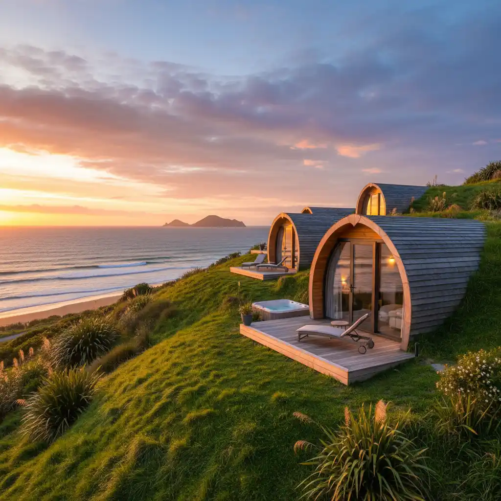 Luxury glamping pods overlooking the ocean near Goat Island
