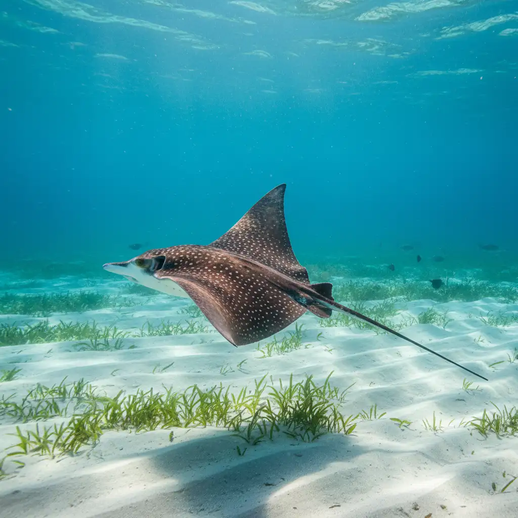 Eagle Ray swimming over seagrass in Whangateau Harbour