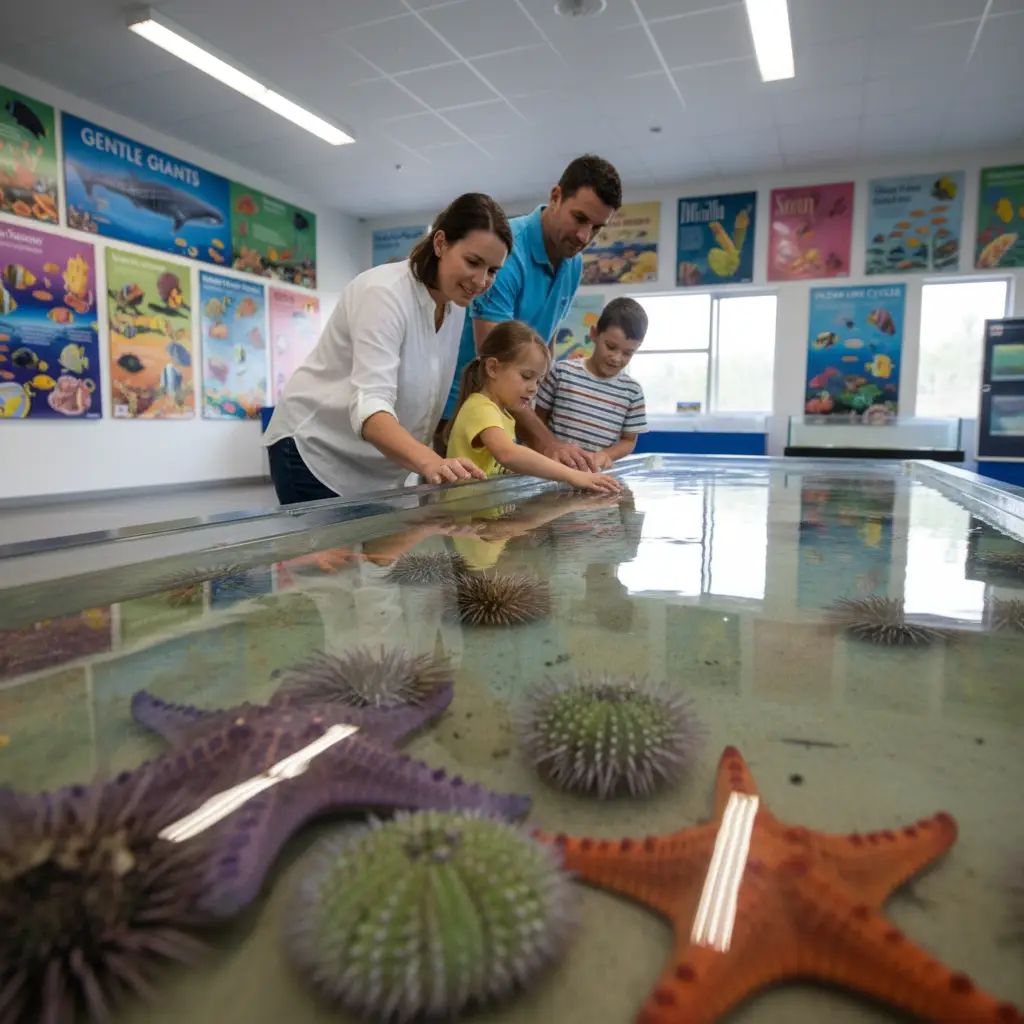 Family exploring the touch tank at Goat Island Marine Discovery Centre