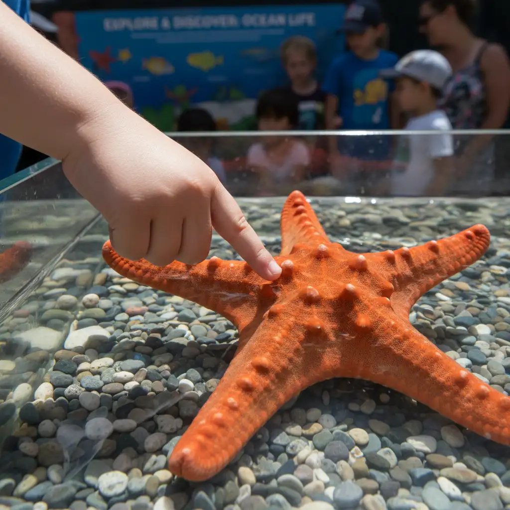 Child interacting with a starfish at the Marine Discovery Centre touch tank