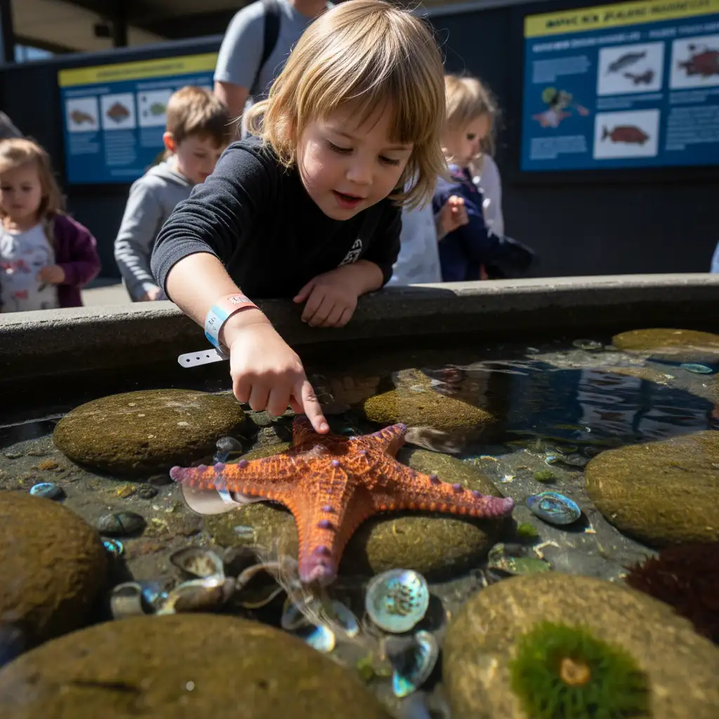 Child interacting with marine life at the touch pool