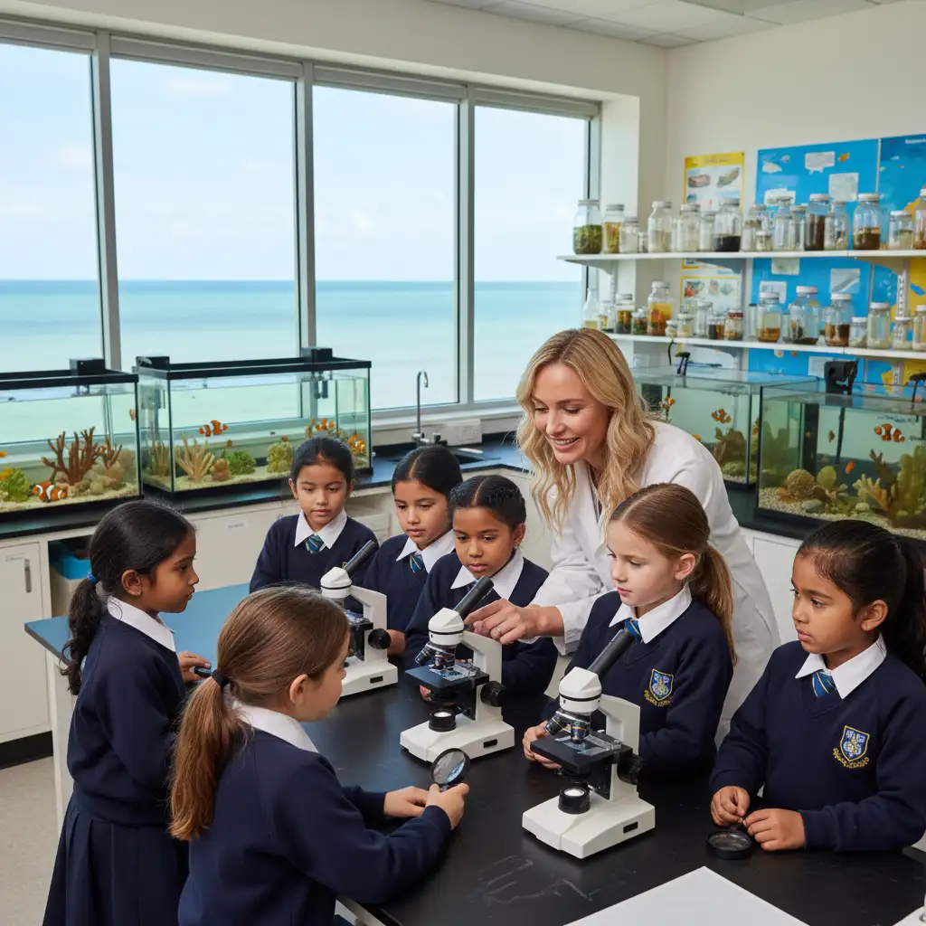 Students using microscopes during a marine education lab session