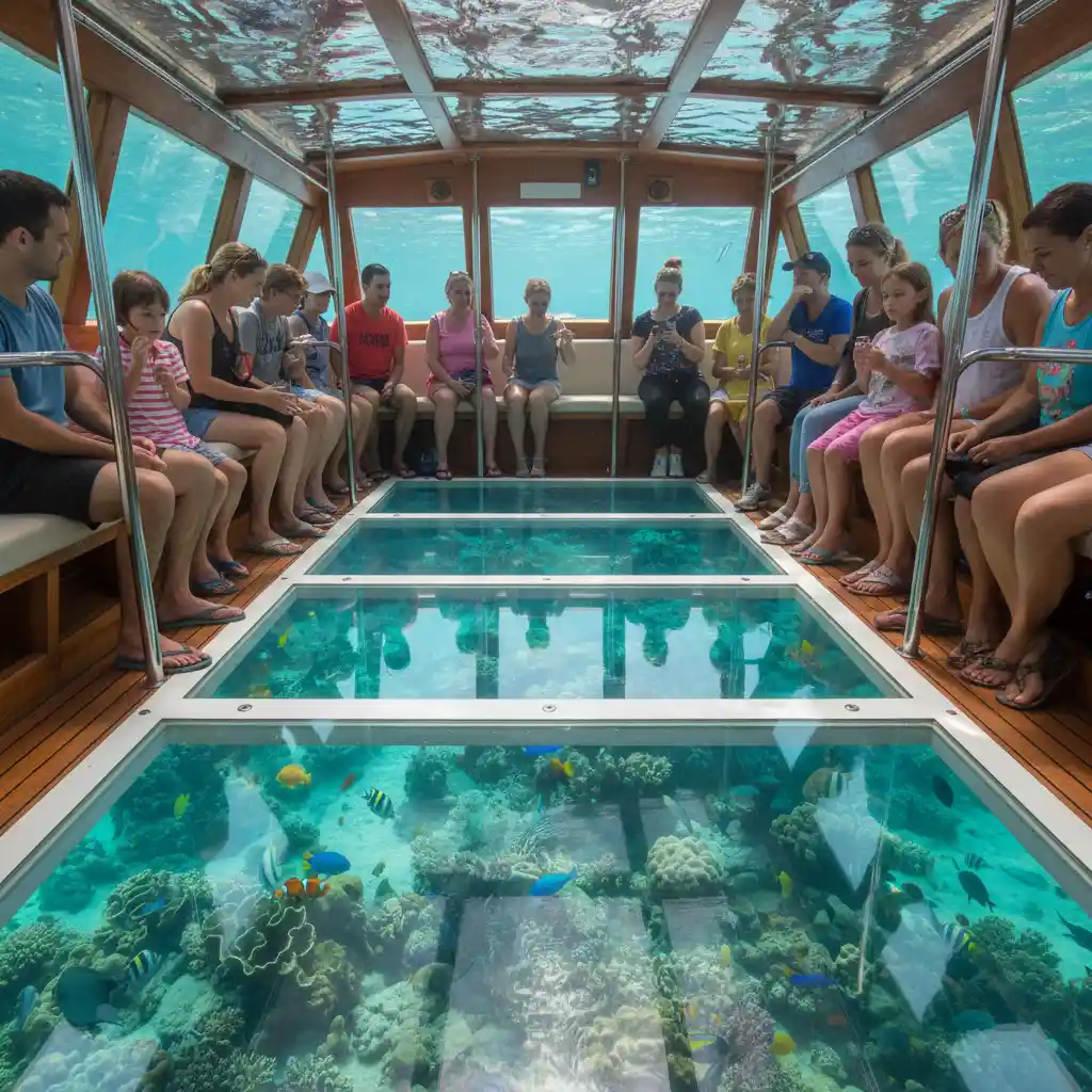 Passengers viewing marine life through glass bottom boat panels