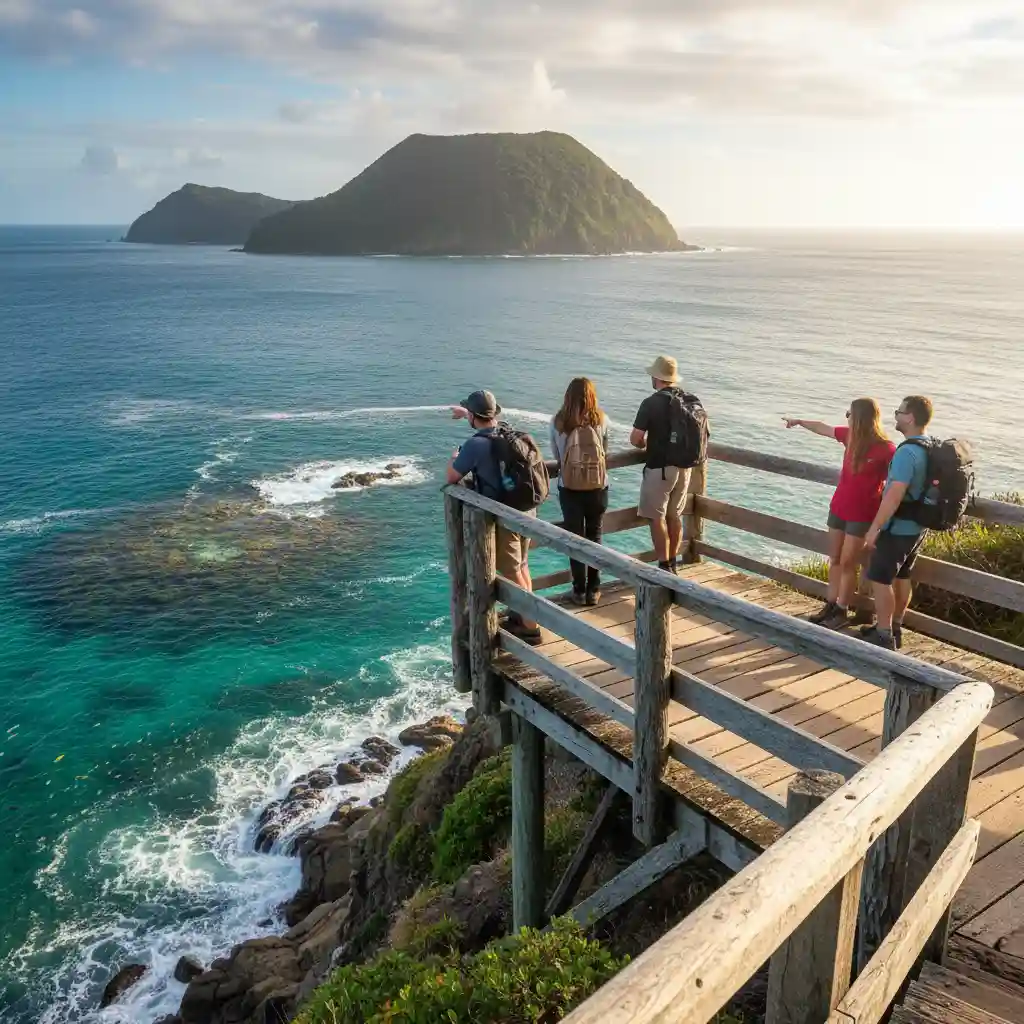 Tourists admiring the view from the Goat Island Walkway lookout platform