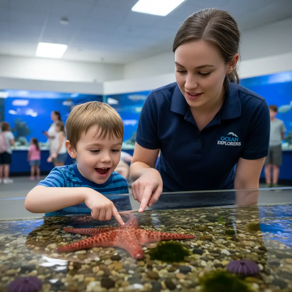 Child interacting with marine life at the Discovery Centre touch tank