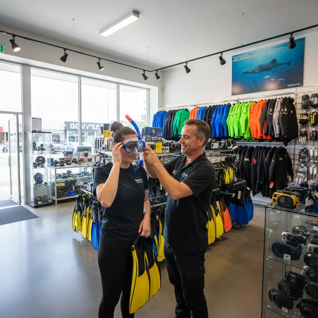Customer fitting snorkel mask at a local Auckland dive shop