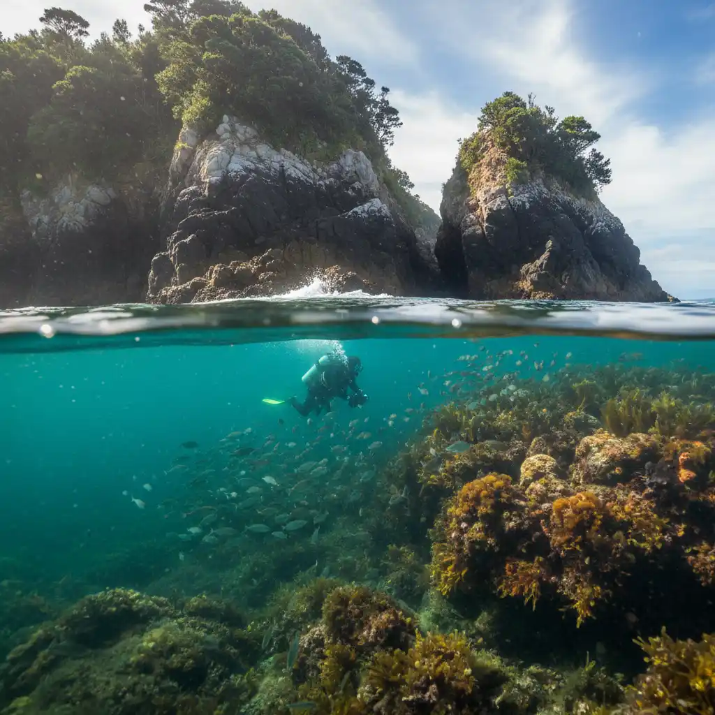 Split shot showing green water color cast in New Zealand