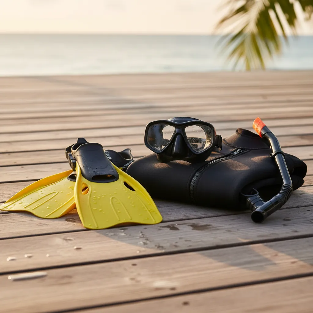 Complete snorkel rental gear set including fins and wetsuit