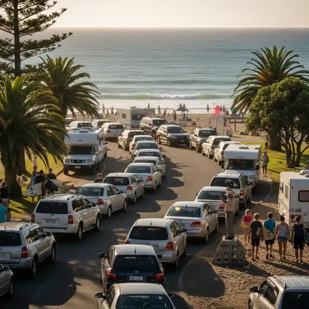 Traffic queue and ranger managing parking at Goat Island Marine Reserve