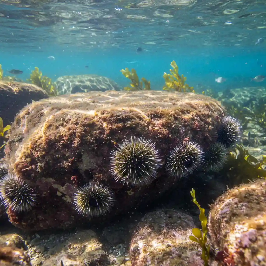 Cluster of Kina sea urchins on the sea floor at Goat Island