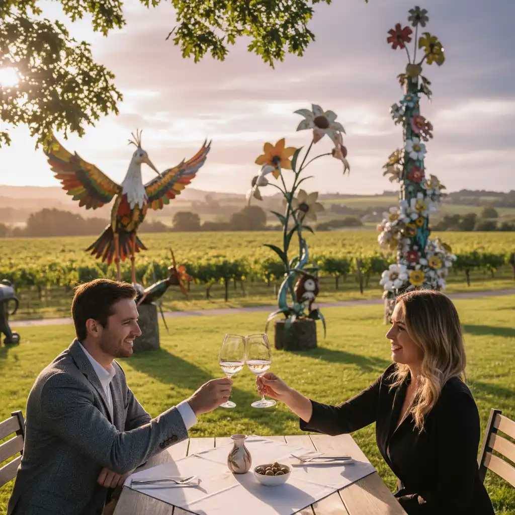 Couple dining at Rothko Restaurant Sculptureum with art and vineyards in background