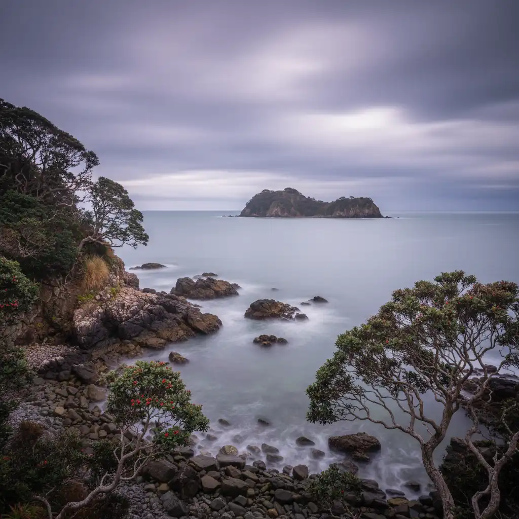 Scenic view of Goat Island Marine Reserve coastline in winter