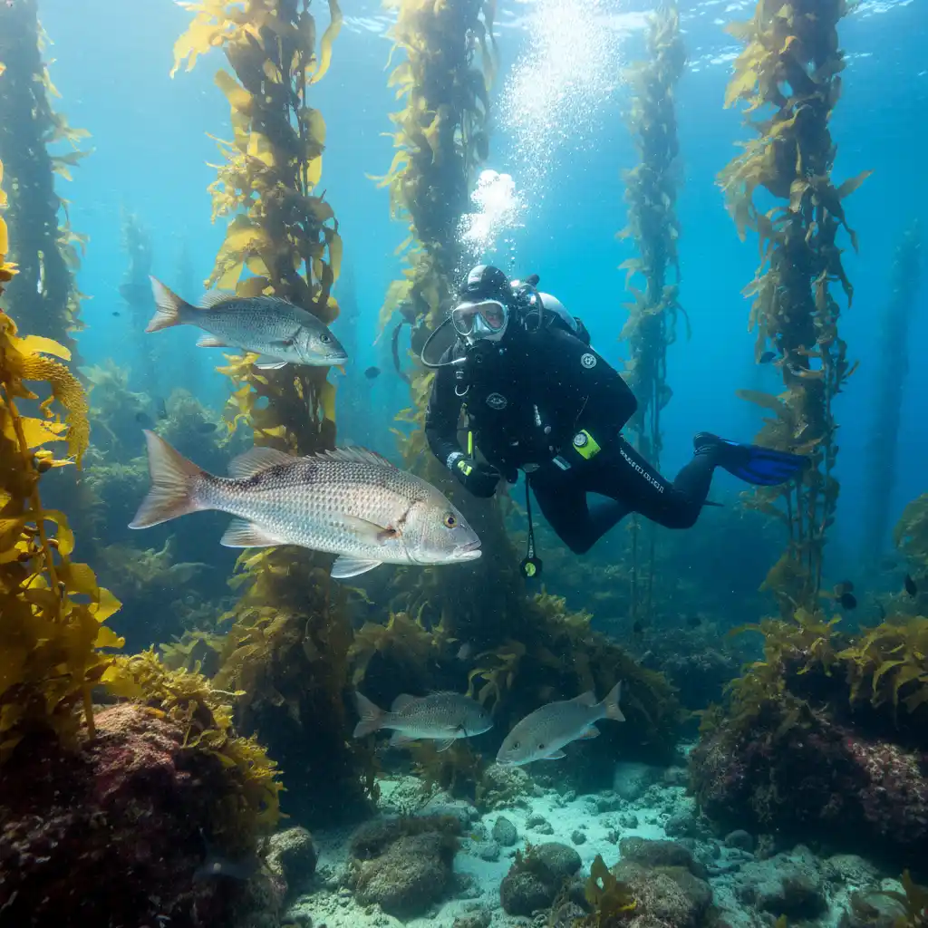 Scuba diver in kelp forest with snapper at Goat Island