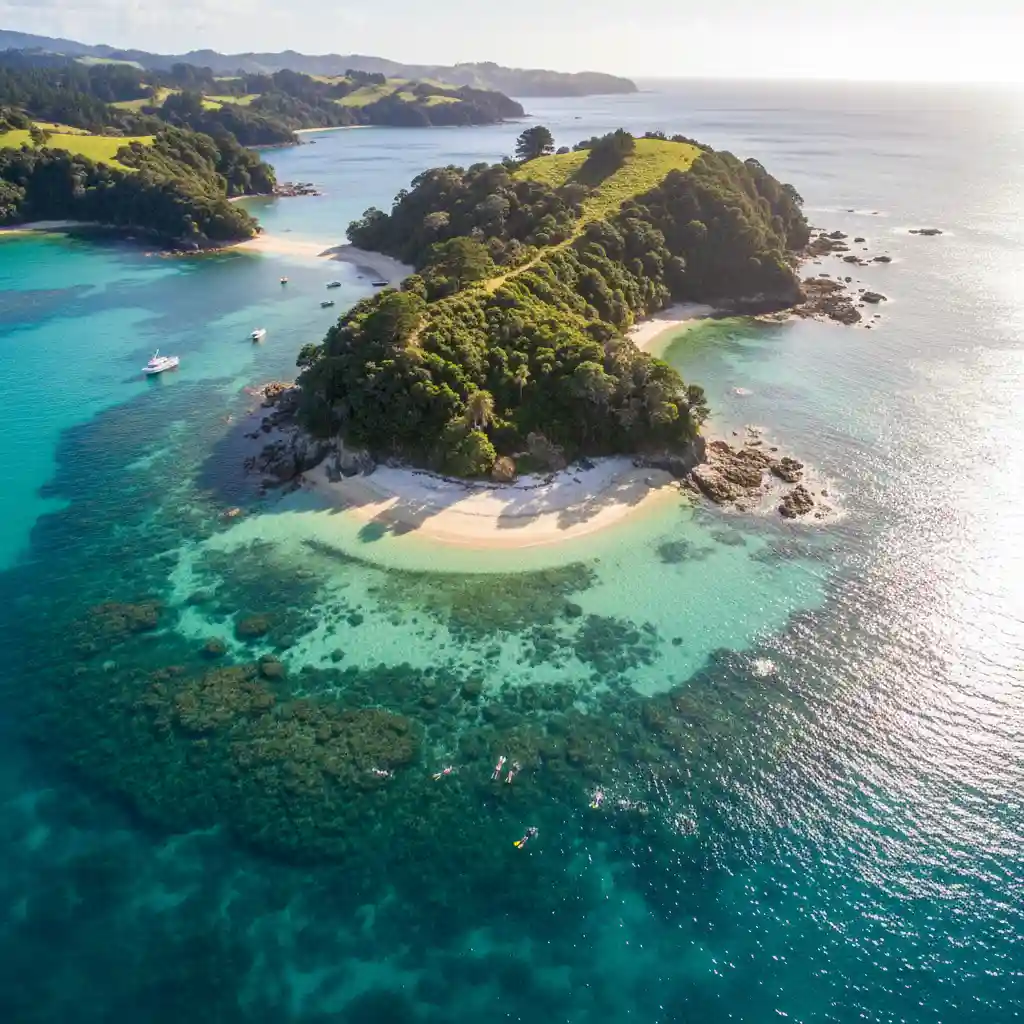 Aerial view of calm waters at Goat Island Marine Reserve during offshore winds