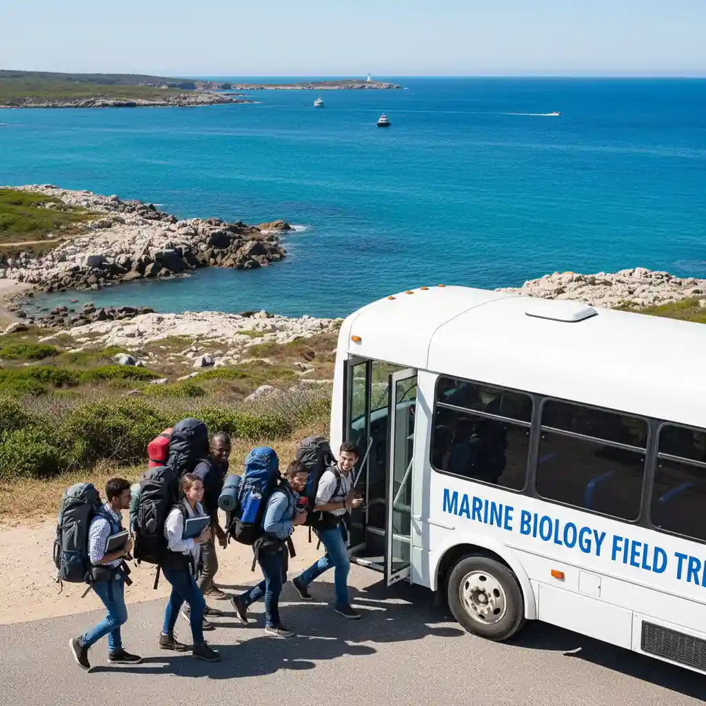Students boarding a shuttle bus for a marine education trip to Goat Island