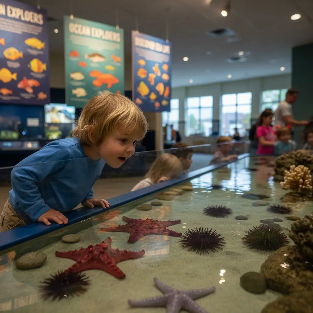 Child exploring the touch tank at the Goat Island Marine Discovery Centre