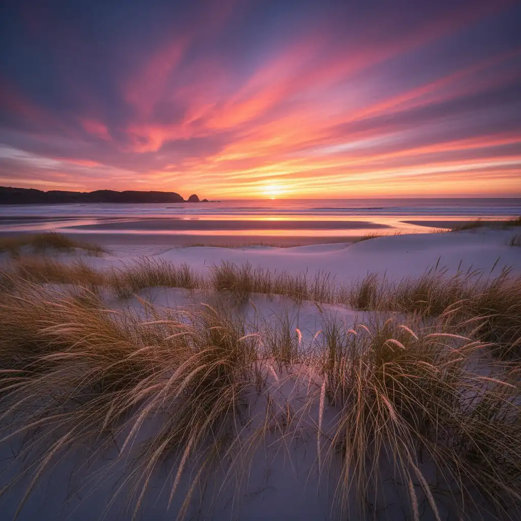 Pakiri Beach sunset colors reflecting on white sand