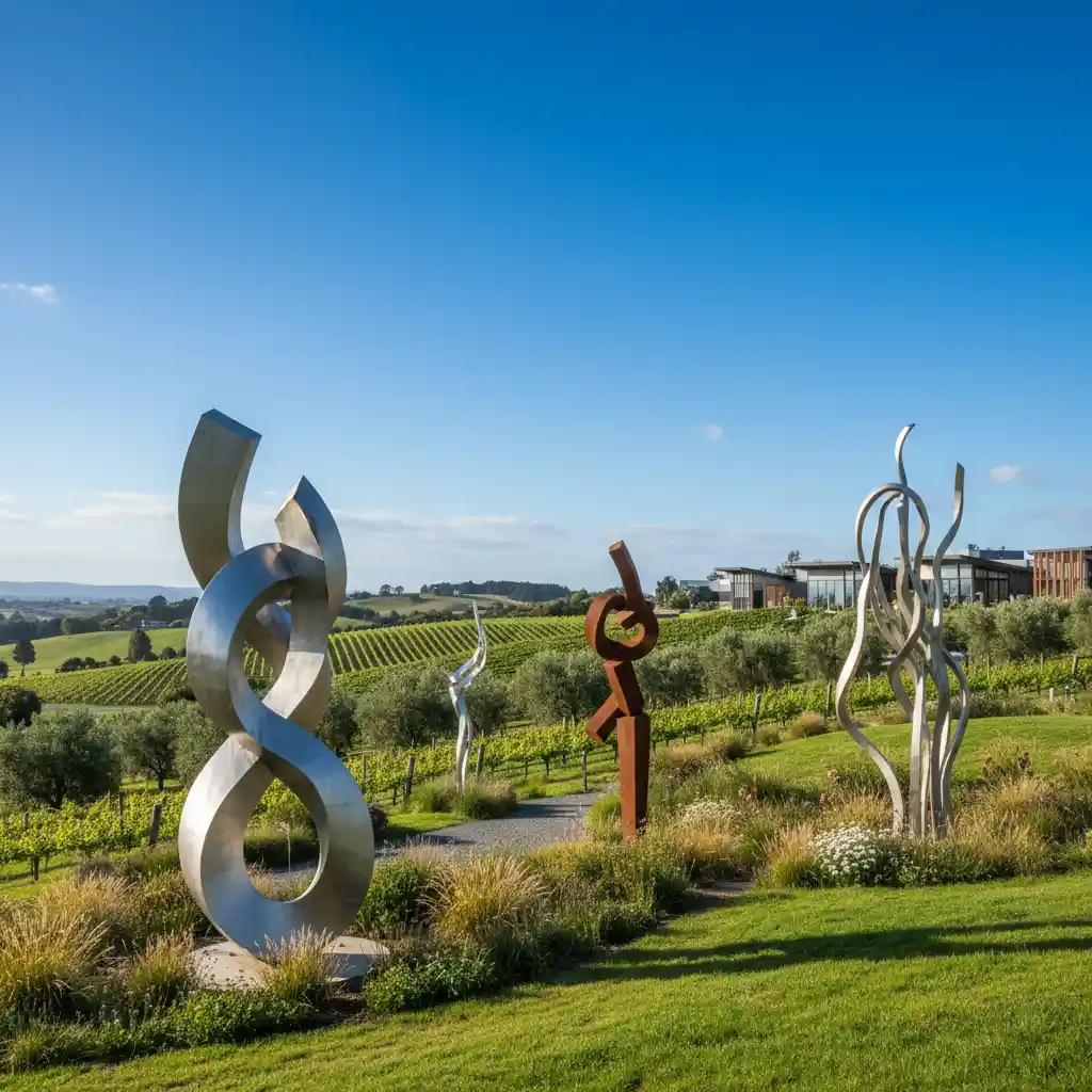 Sculptureum gardens in Matakana featuring large art installations