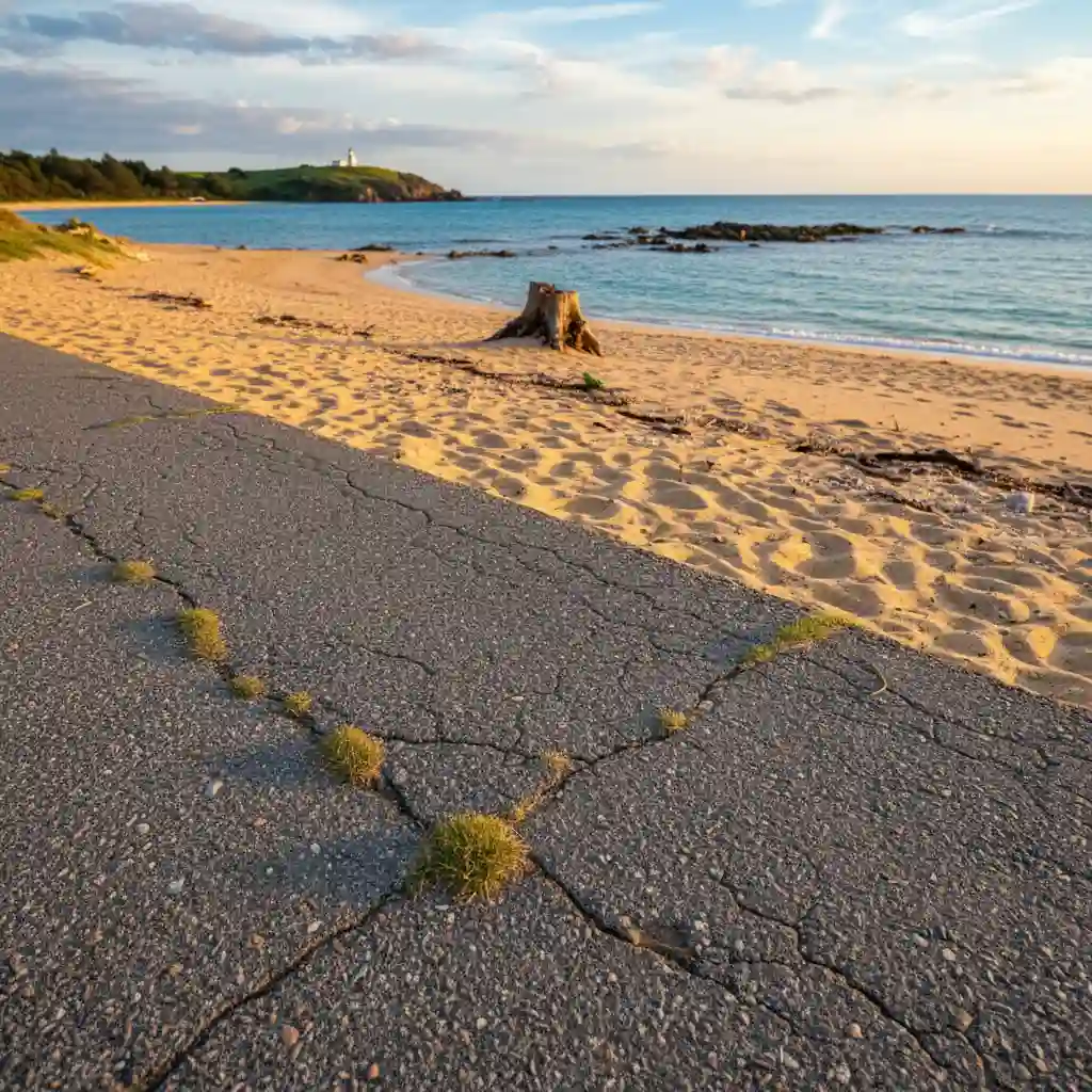 End of paved path meeting the sandy and rocky beach terrain
