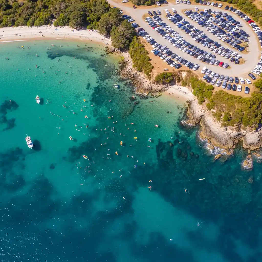 Aerial view of Goat Island Marine Reserve crowded parking