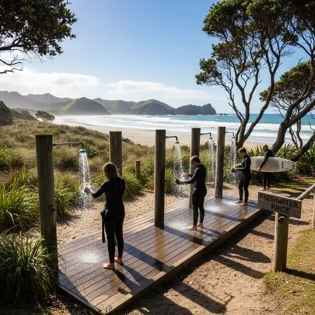 Outdoor cold rinse showers at Goat Island Marine Reserve
