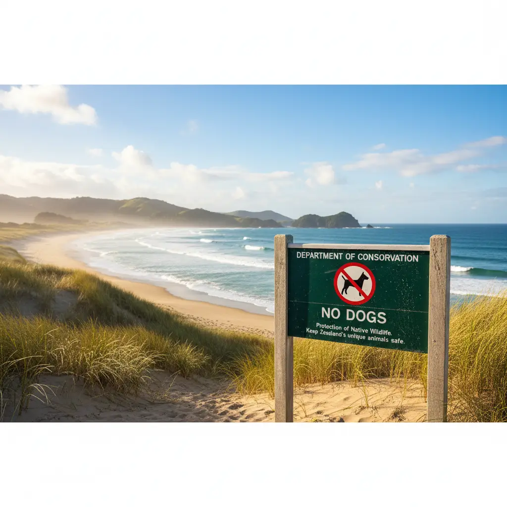 DOC No Dogs signage at marine reserve entrance