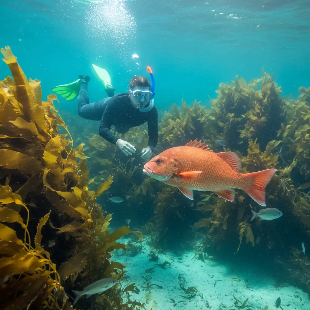 Snorkeler face to face with a large snapper at Goat Island