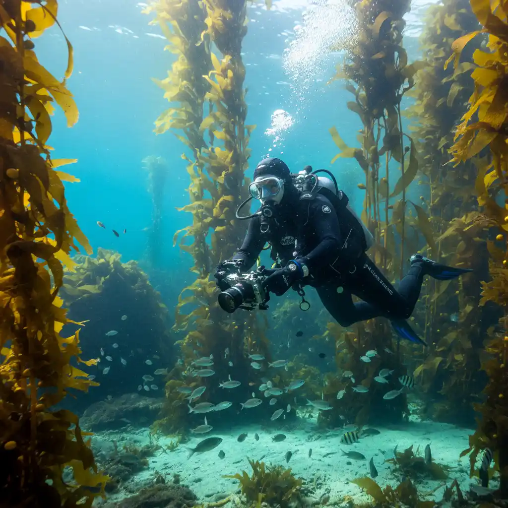 Scuba diver in 7mm wetsuit exploring NZ kelp forest