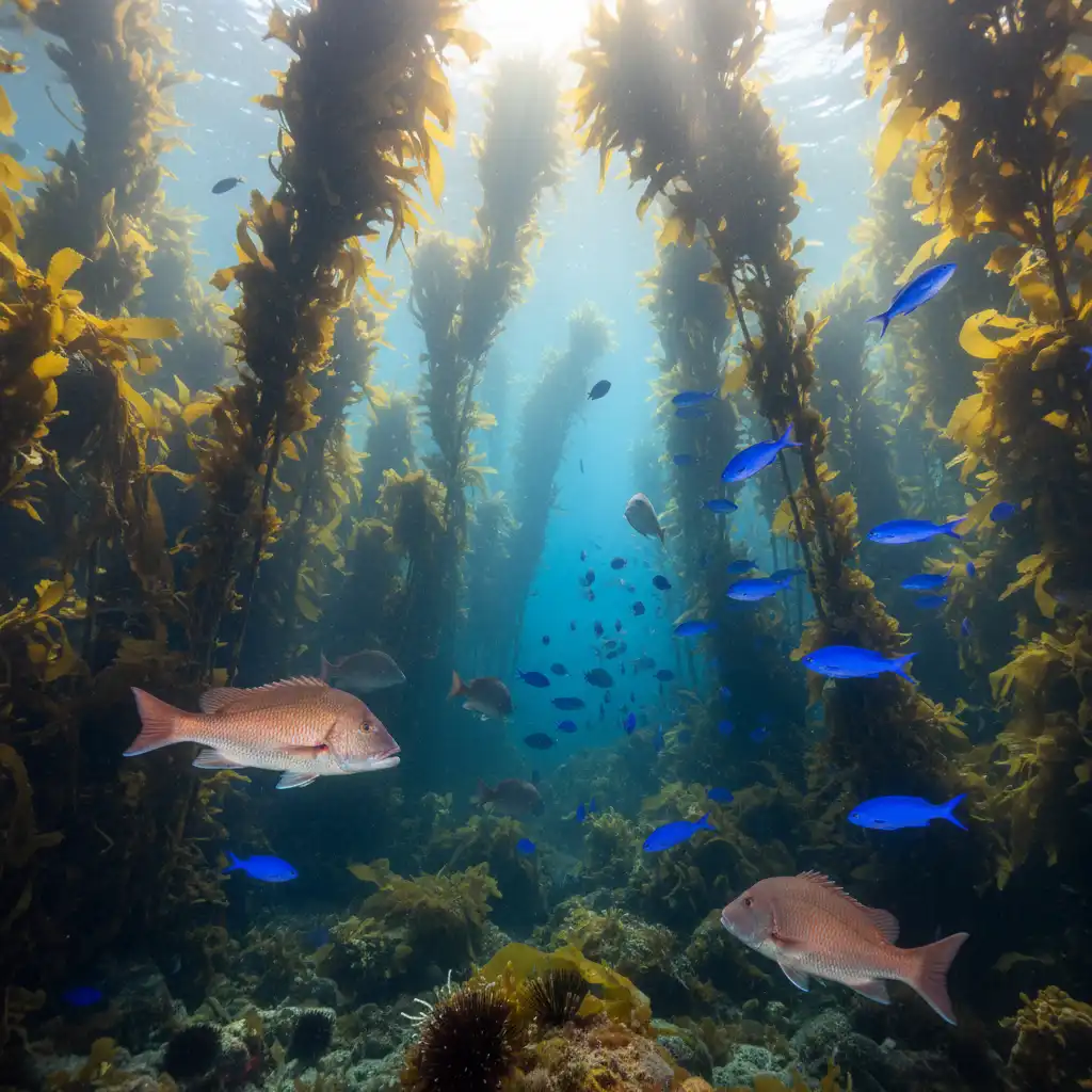 Underwater view of Snapper and kelp forests at Goat Island Marine Reserve