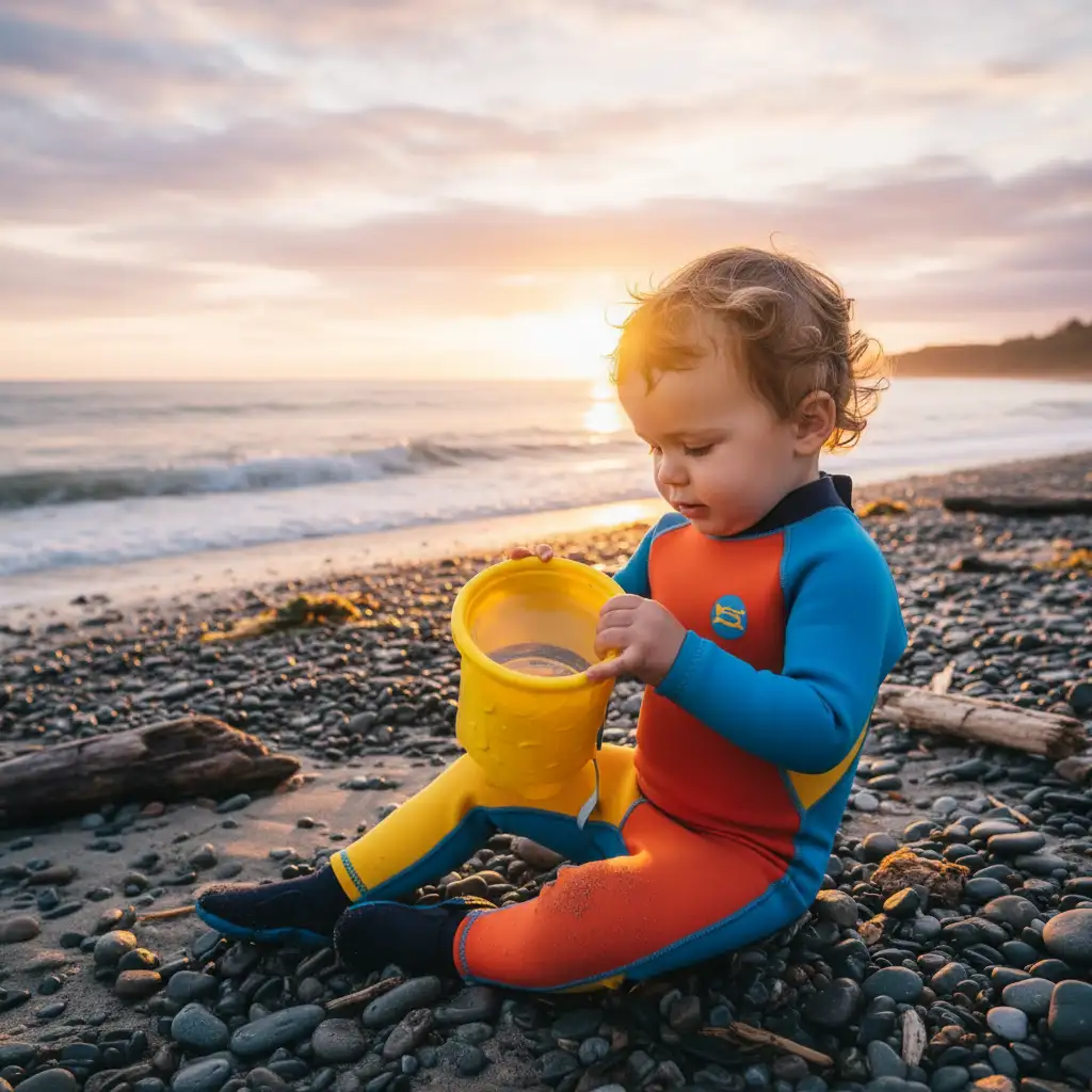 Toddler in wetsuit with underwater viewing bucket