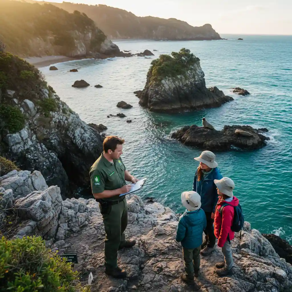 DOC Ranger educating visitors about Goat Island marine reserve rules