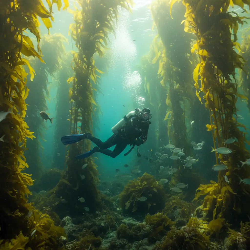 Diver exploring kelp forest with light rays at Goat Island