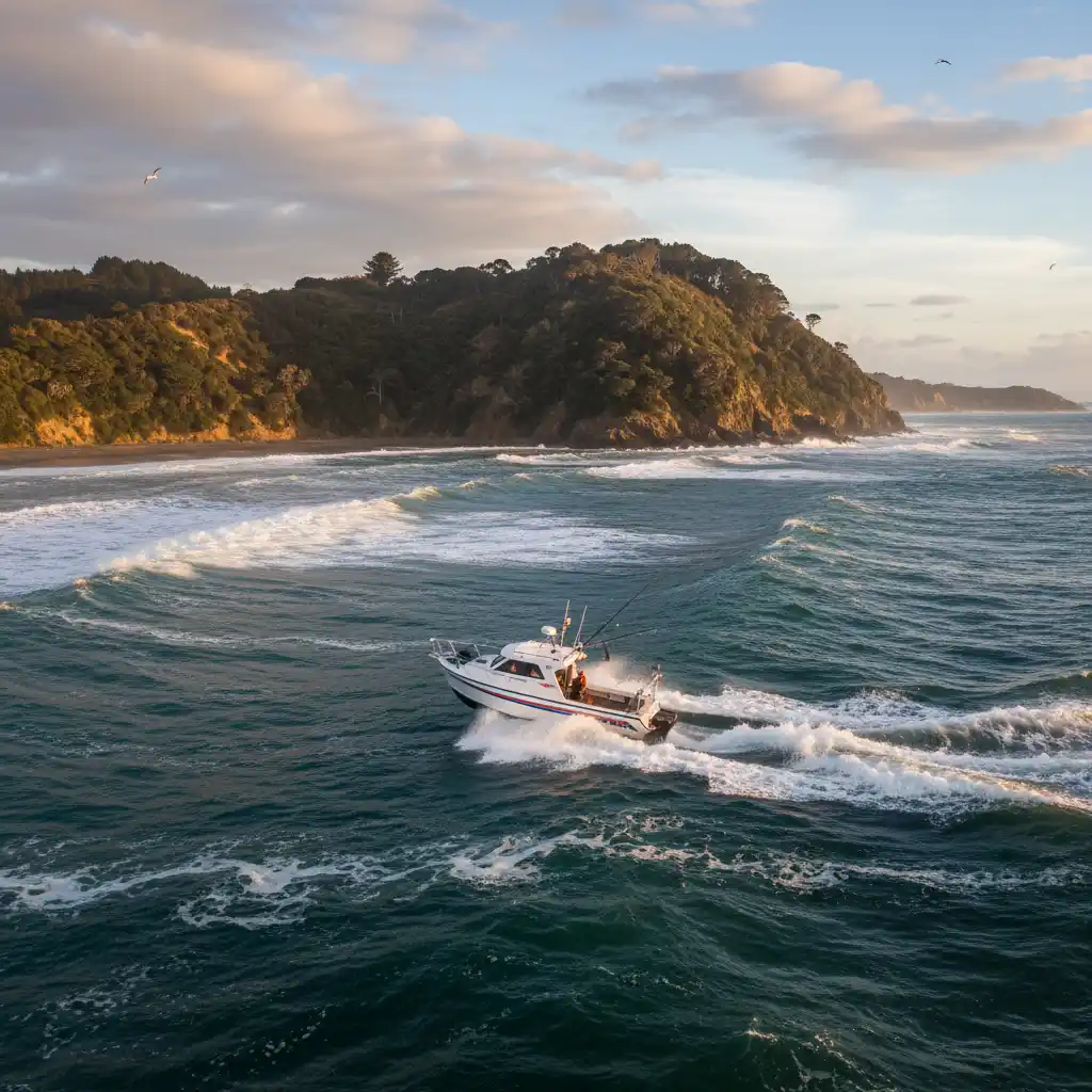 Boat crossing the Omaha bar entrance safely