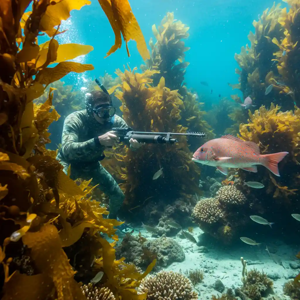 Spearfishing in kelp forest near Leigh