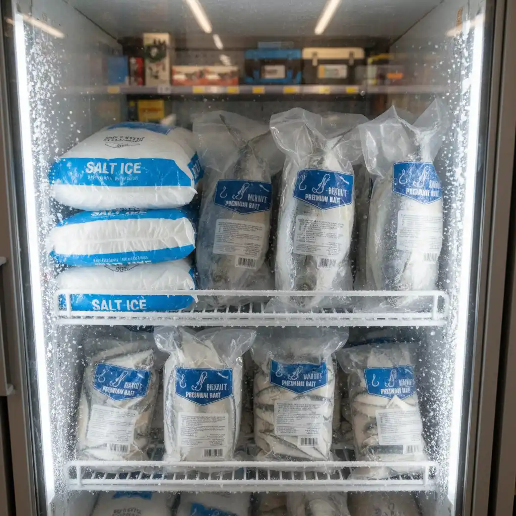 Salt ice and fresh bait display at a Warkworth tackle store