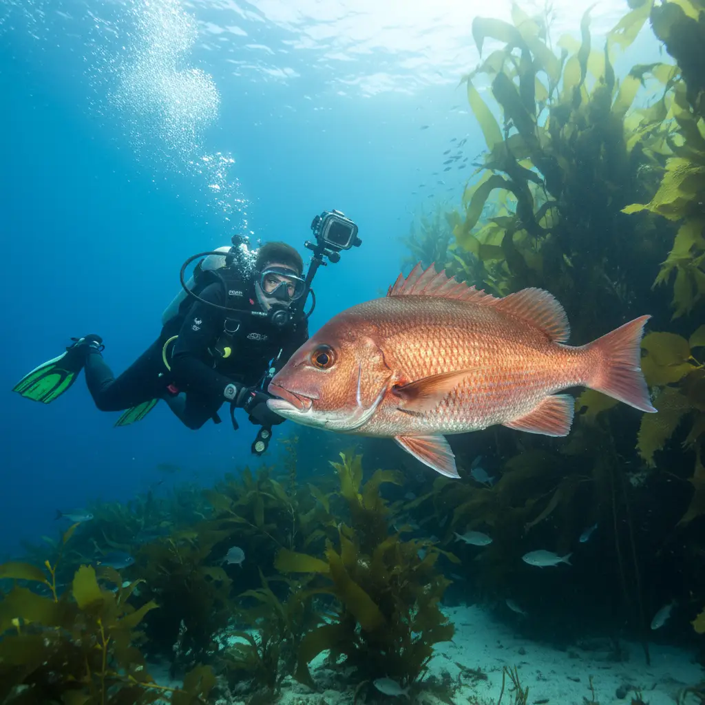 Diver interacting with a large snapper at Goat Island