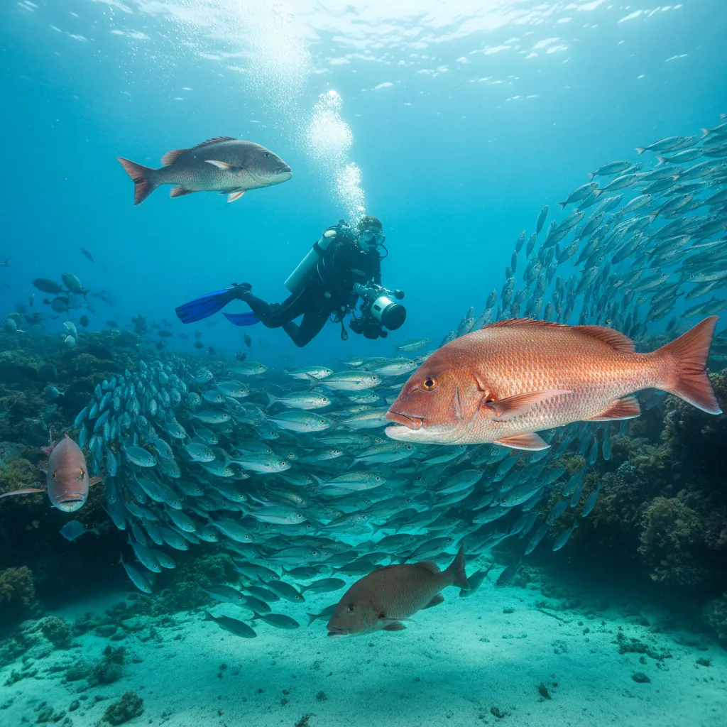 Diver surrounded by schools of fish at Goat Island Marine Reserve