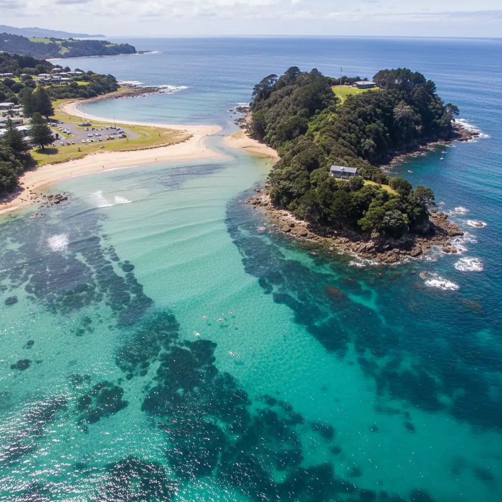Aerial view of Goat Island Marine Reserve showing the channel and beach layout