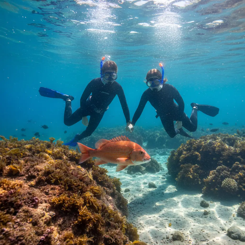 Two snorkelers utilizing the buddy system near the reef