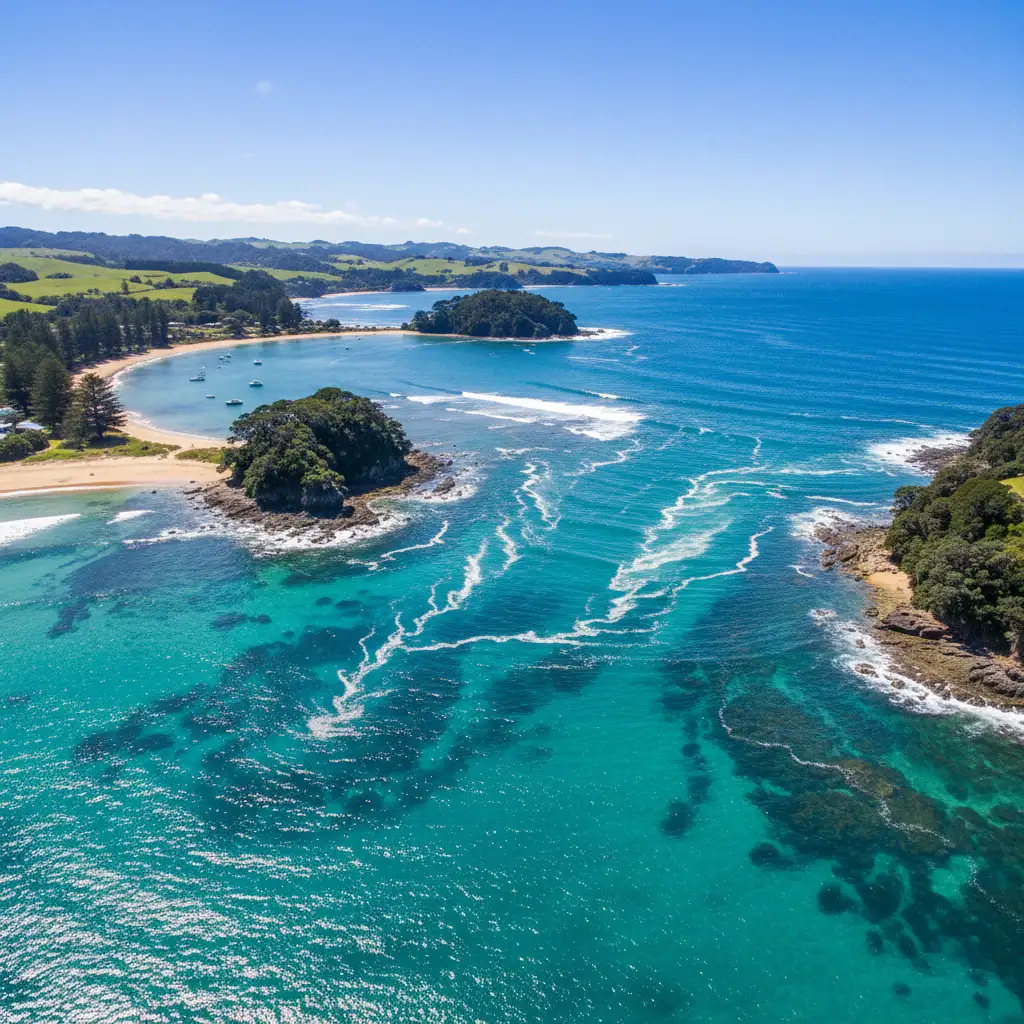Aerial view of Goat Island Marine Reserve showing the channel and snorkeling areas