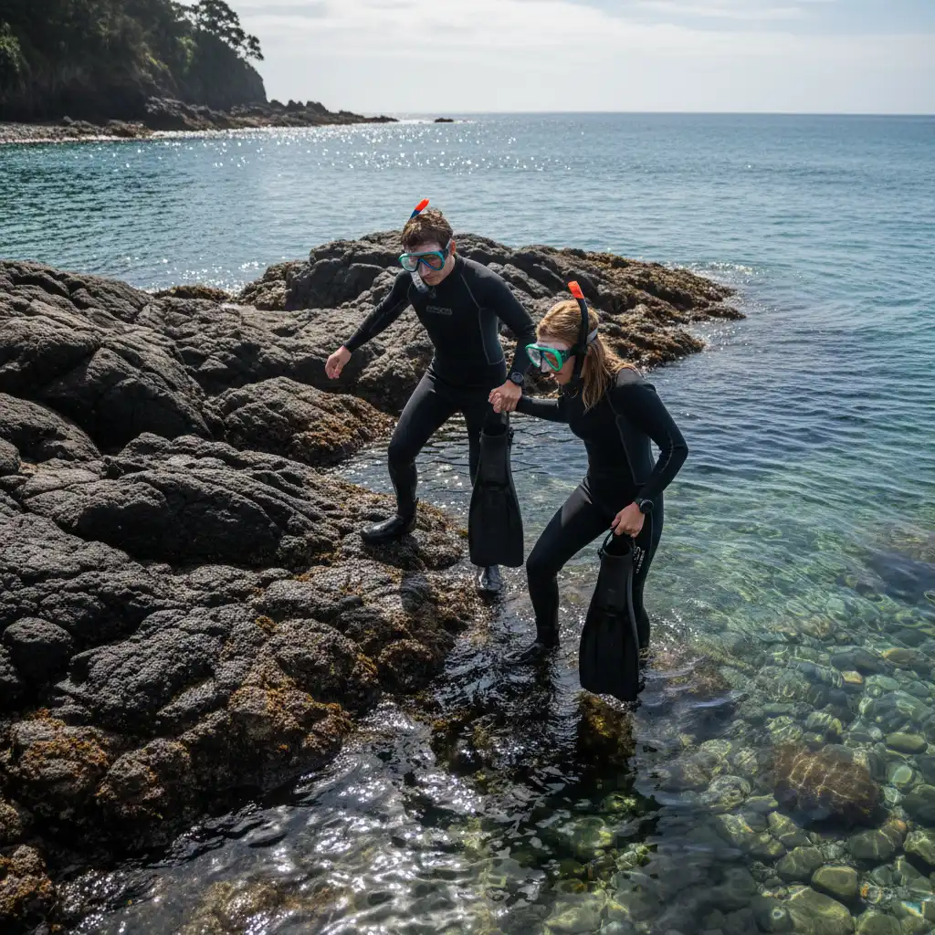 Snorkeler safely entering the water over rocks at Goat Island