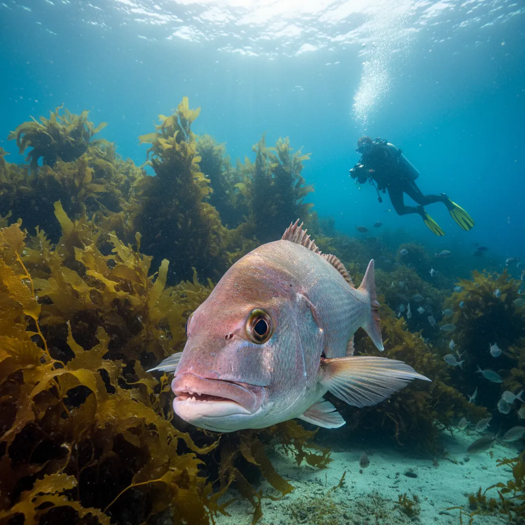 Large Snapper swimming in the kelp forest at Goat Island