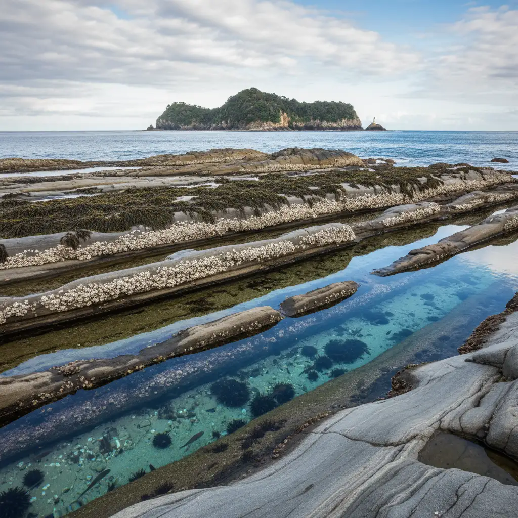 Rocky intertidal shore at Goat Island showing vertical zonation bands