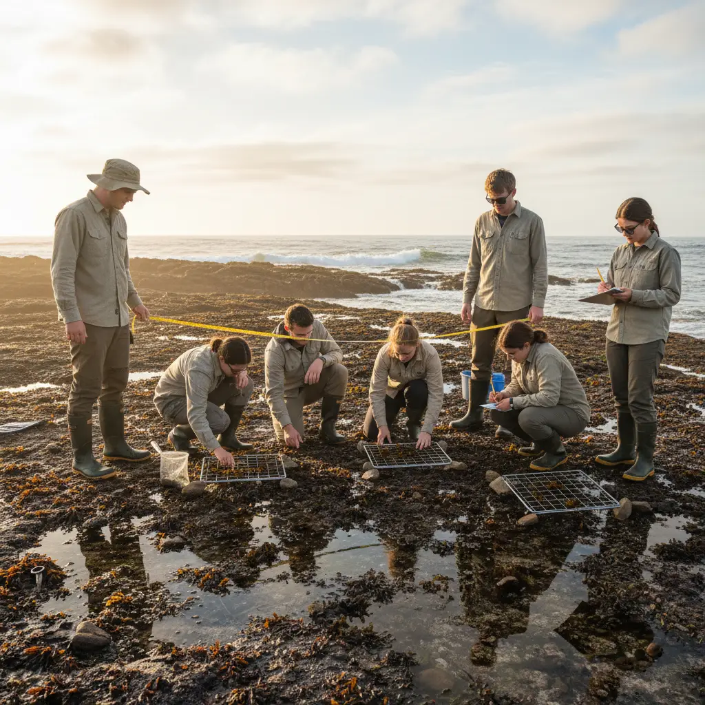 Marine biology students performing transect sampling on the shore