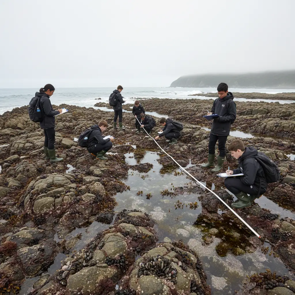 Students utilizing NCEA level 2 biology worksheets marine during a rocky shore transect survey