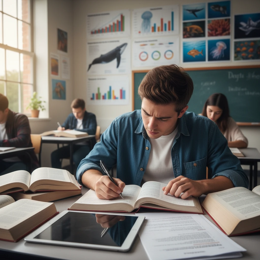 Student working on post-trip assessment using NCEA level 2 biology worksheets marine