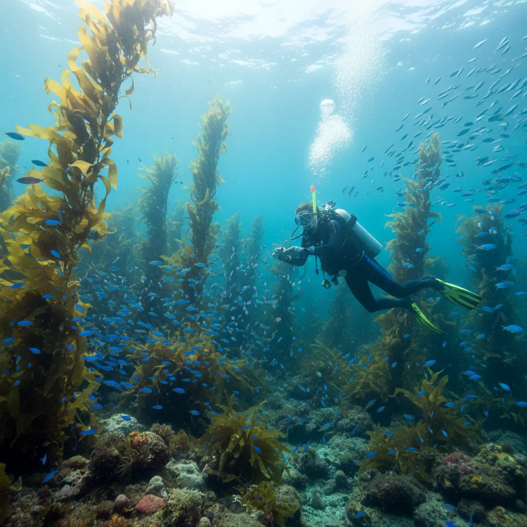 Diver in Poor Knights Islands kelp forest