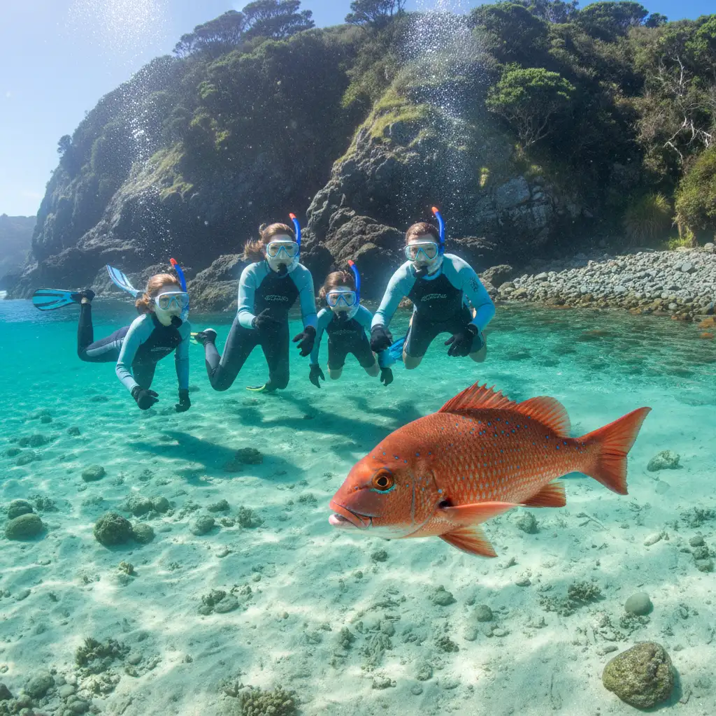 Family snorkeling with snapper at Goat Island