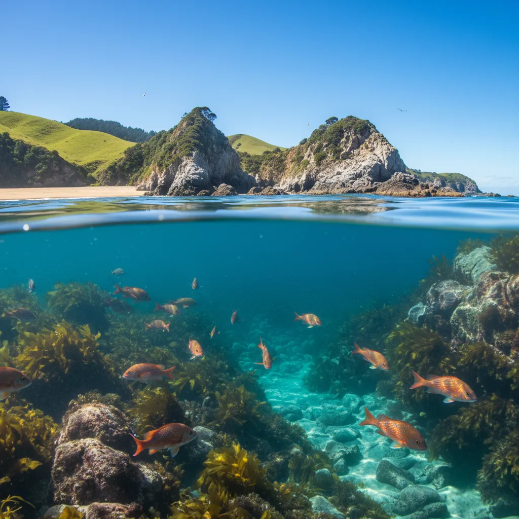 Split view of New Zealand marine reserve snorkeling experience
